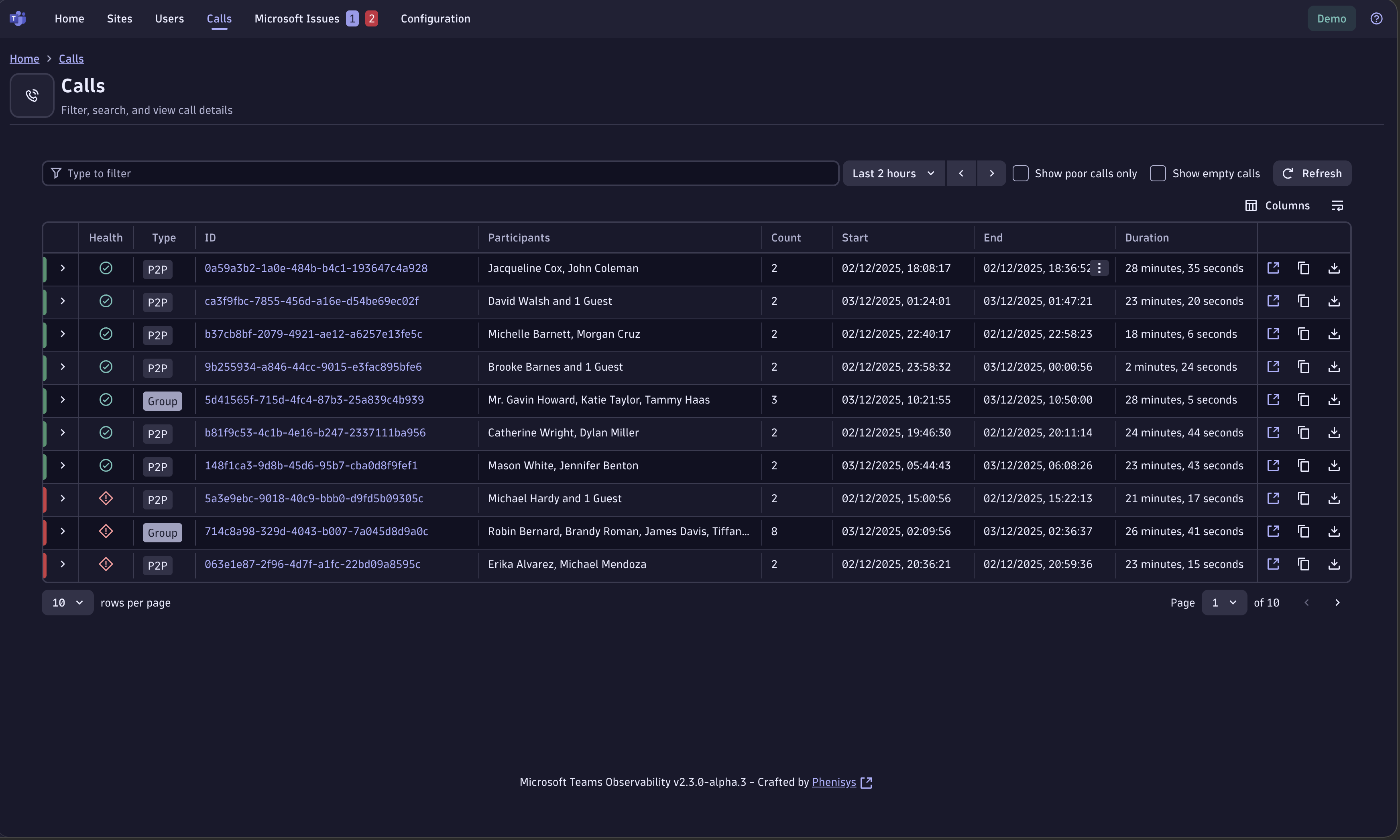 Calls page with filter bar and calls table