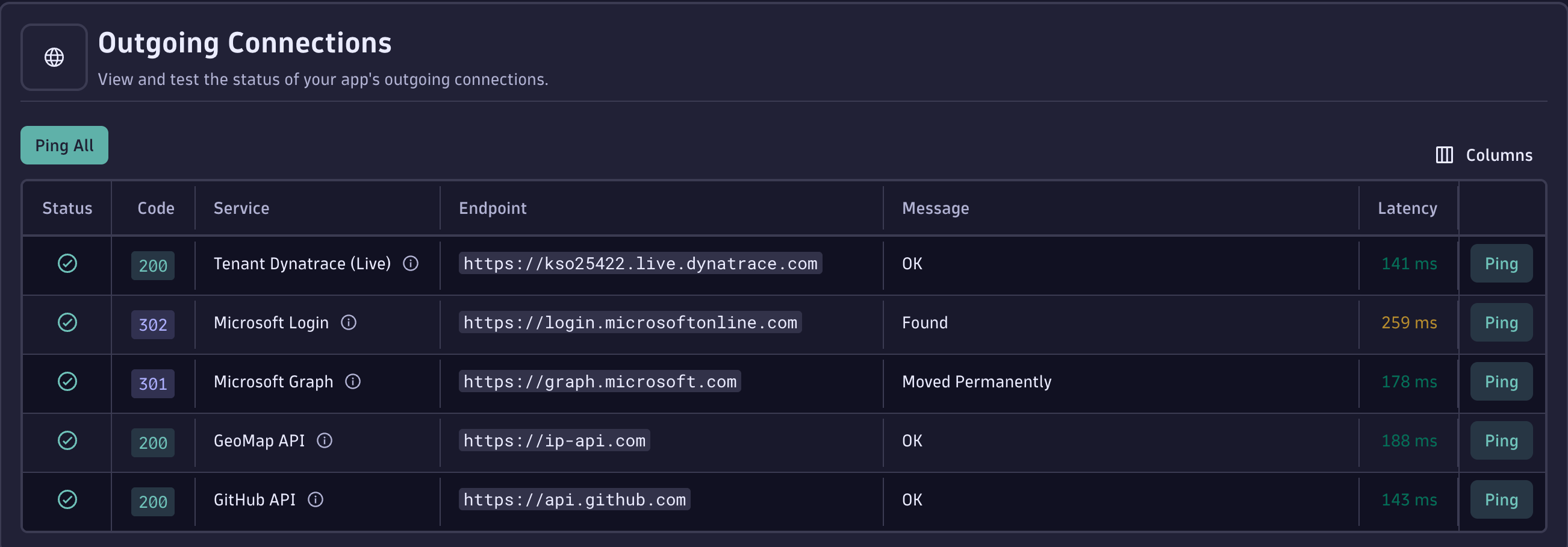 Outgoing connections panel