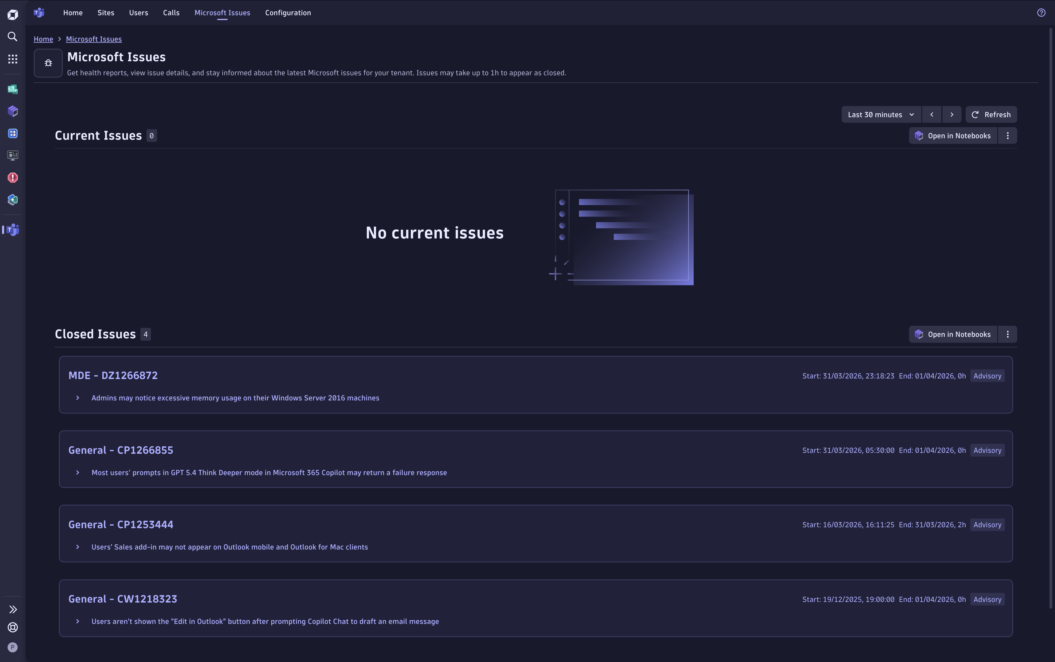 Issues page with active and closed incidents