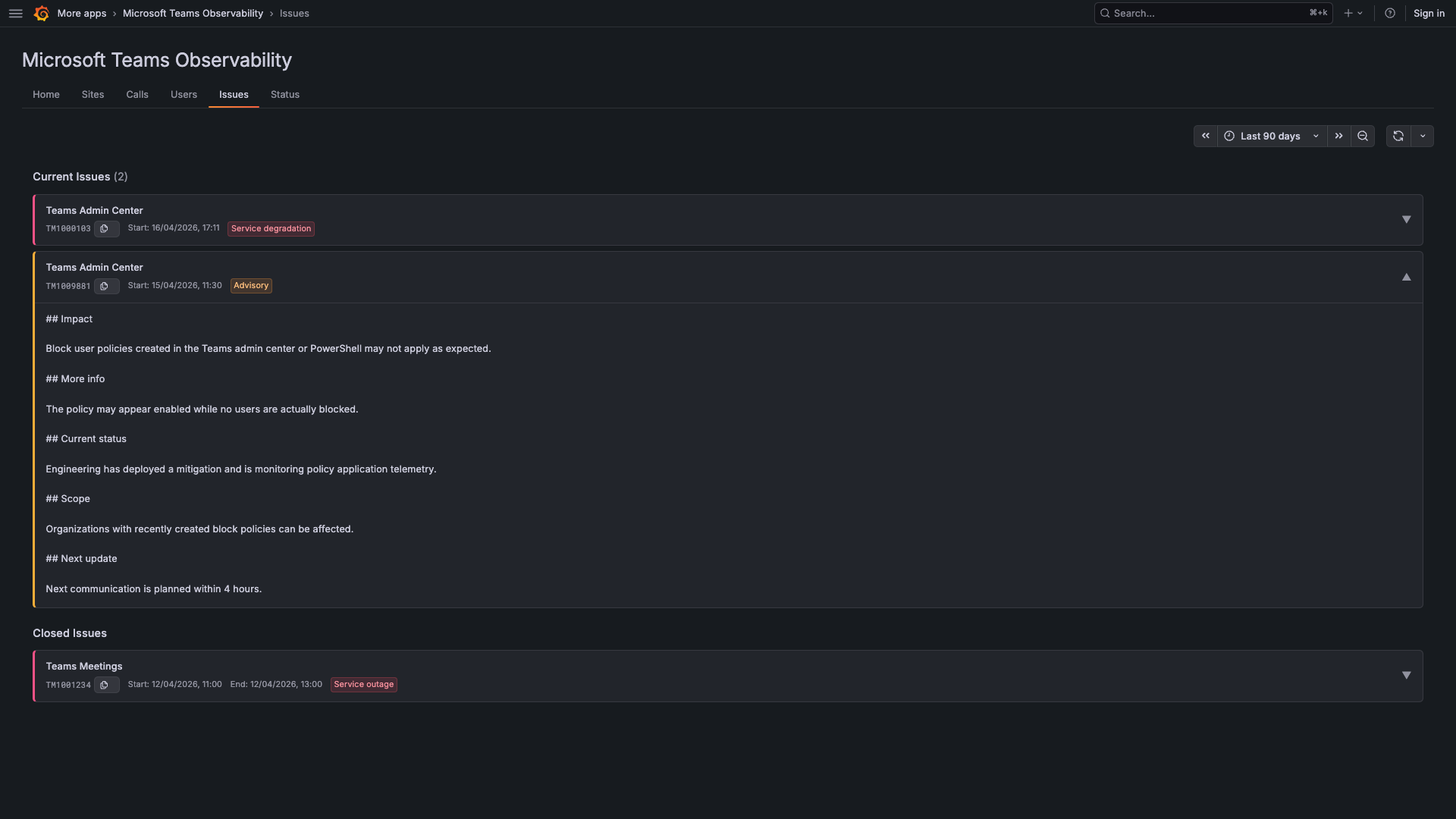 Grafana app issues page