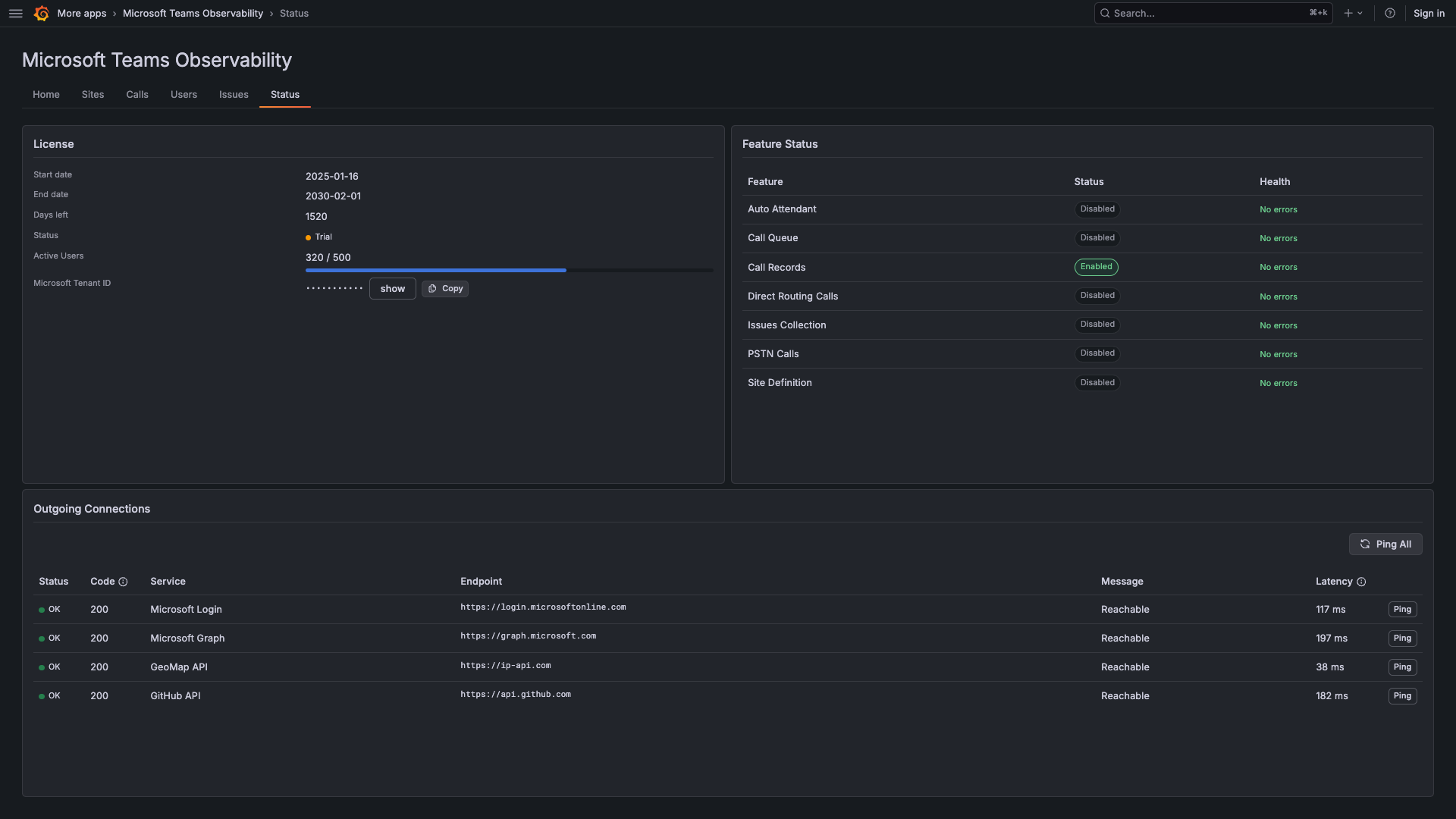 Grafana app status page